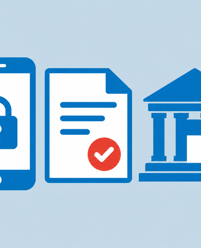 a phone with a lock icon, a document with a stamp and a simple government building