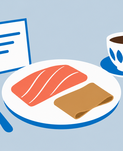 a plate with a salmon fillet and a slice of brown cheese, a fork, a coffee cup and a small menu card