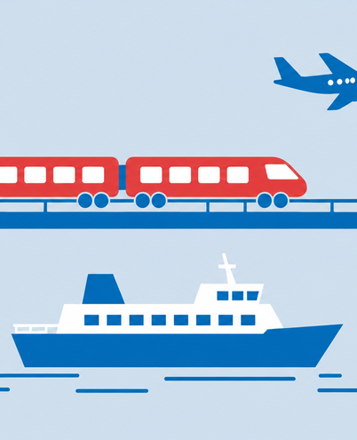 a red train crossing a bridge, a small airplane above and a ferry on blue water below