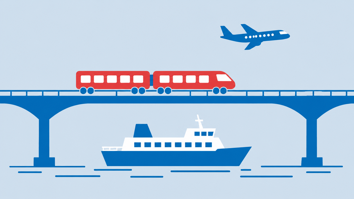 a red train crossing a bridge, a small airplane above and a ferry on blue water below