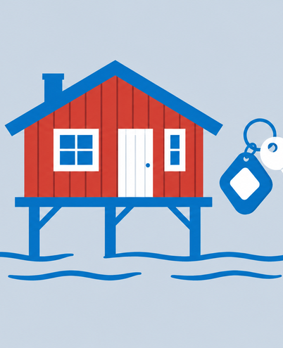 a red wooden cabin on stilts by calm water with a small hotel key tag floating beside it