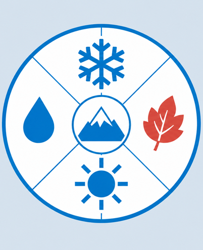 a round calendar wheel with four seasons shown as a snowflake, a leaf, a sun and a raindrop around a small mountain