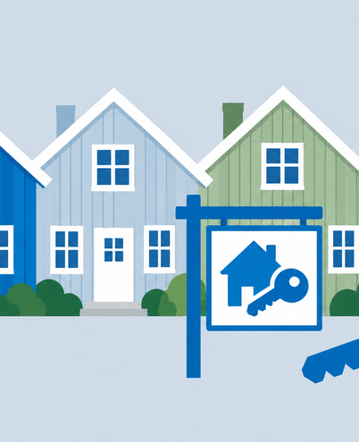 a row of colourful wooden houses with a for-rent sign and a key