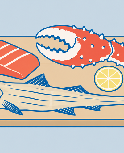 a salmon fillet, a king crab claw and a dried cod on a simple wooden board with a lemon slice