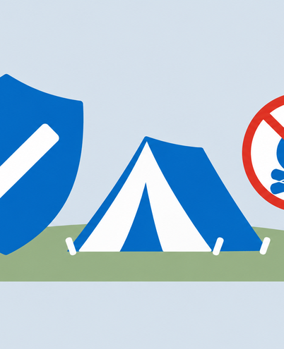 a shield icon with a check mark next to a tent and a small no-campfire sign on a green hillside