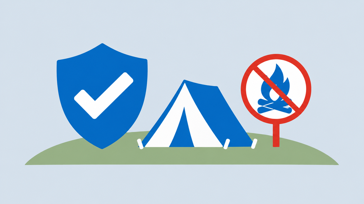 a shield icon with a check mark next to a tent and a small no-campfire sign on a green hillside