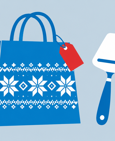 a shopping bag with a knitted sweater pattern, a cheese slicer and a small price tag