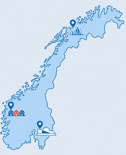 a simplified map of Norway with blue pins on Oslo, Bergen and Tromsø and tiny landmark icons