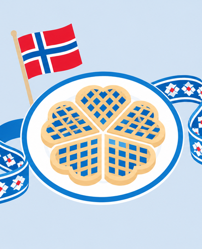 a small Norwegian flag on a stick, a bunad-style ribbon and a plate of waffles