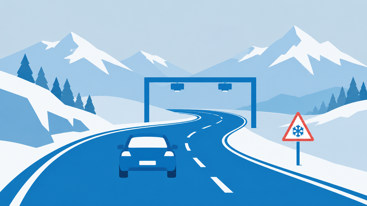 a small car on a winding mountain road with a toll gantry and a snowflake road sign