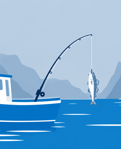 a small fishing boat on a calm fjord with a fishing rod and a cod on the line, red fishing cabins on the shore