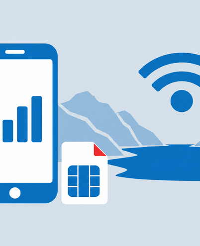 a smartphone with a signal icon and a small SIM card, a Wi-Fi symbol above a fjord outline