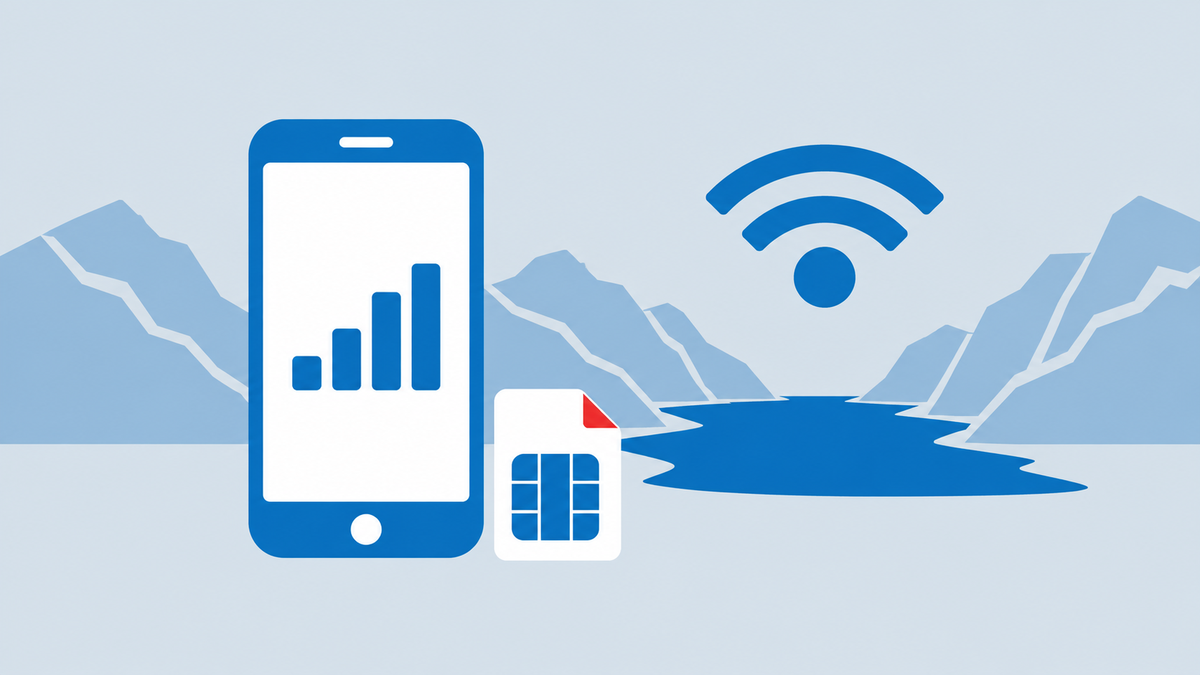 a smartphone with a signal icon and a small SIM card, a Wi-Fi symbol above a fjord outline