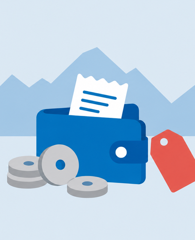 a wallet with a few Norwegian krone coins, a receipt and a small price tag in front of a mountain silhouette