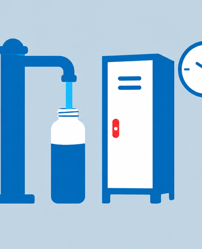a water bottle being filled at a public tap, a locker and a small clock showing opening hours