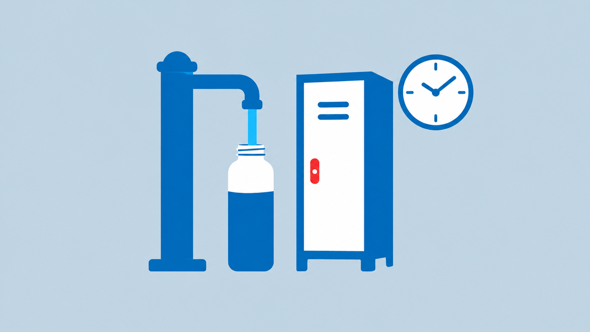 a water bottle being filled at a public tap, a locker and a small clock showing opening hours