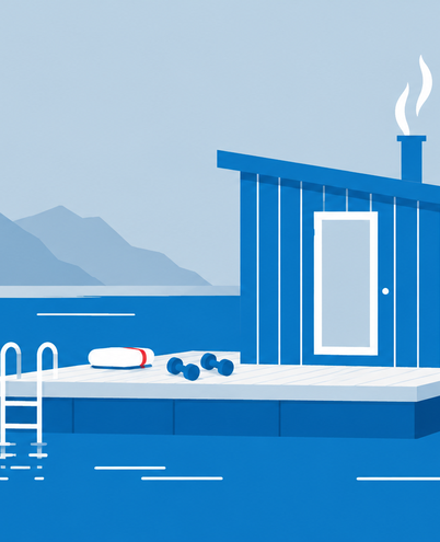 a wooden floating sauna on a fjord with a towel and a pair of simple dumbbells