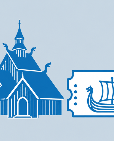 a wooden stave church and a museum ticket with a small Viking ship outline