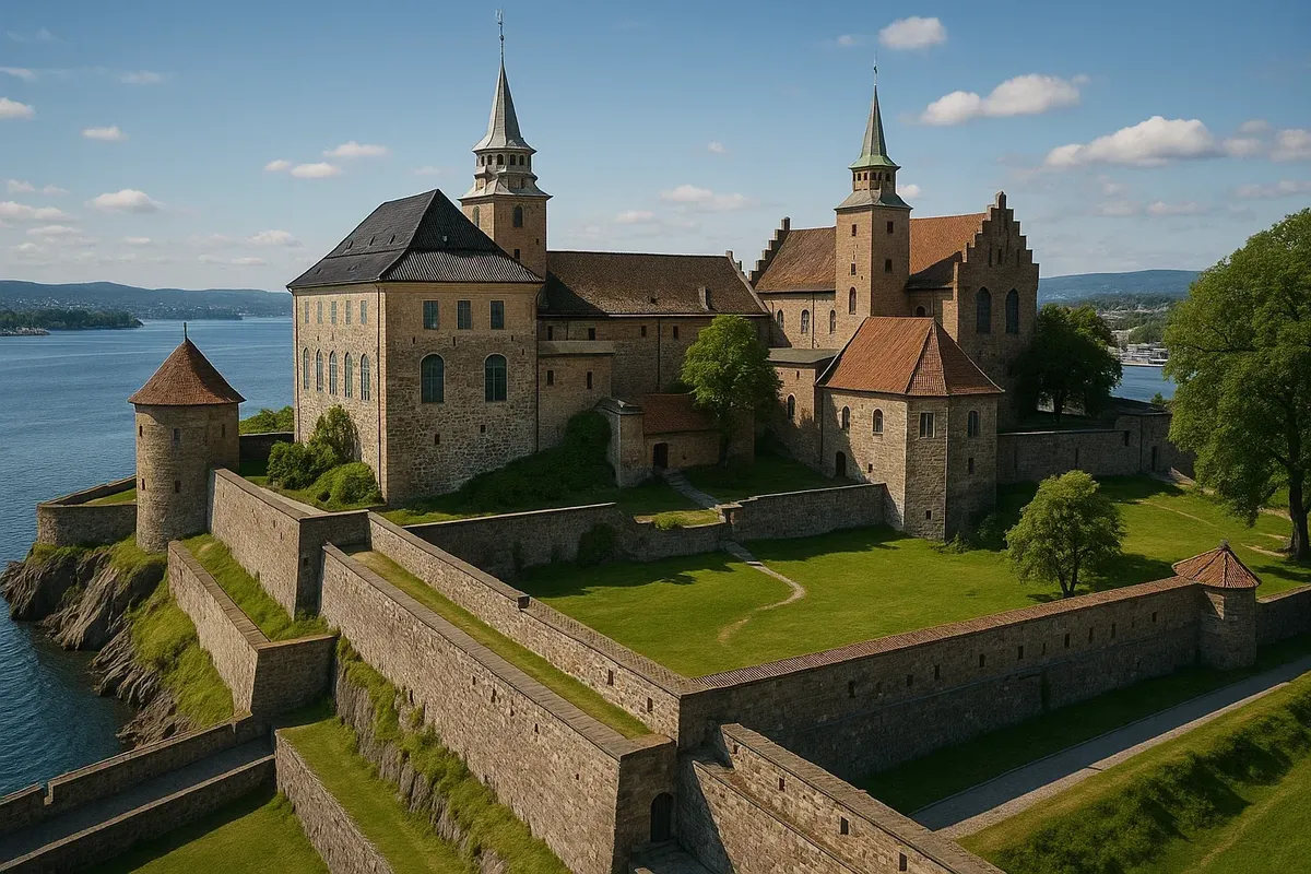 Scenic view of Akershus Fortress with its medieval architecture and panoramic fjord backdrop.
