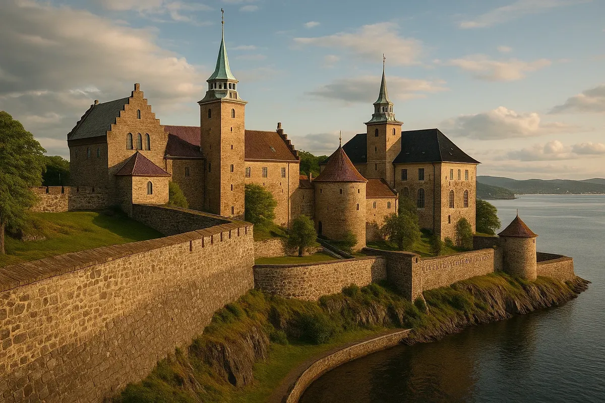 Scenic view of Akershus Fortress with its medieval walls, towers, and views over the Oslofjord.
