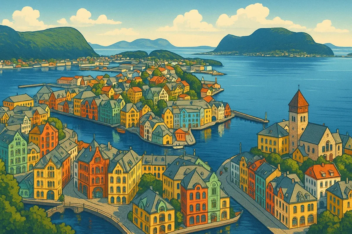 A picturesque view of Alesund with its colorful Art Nouveau buildings seen from the Aksla viewpoint, surrounded by fjords and islands.