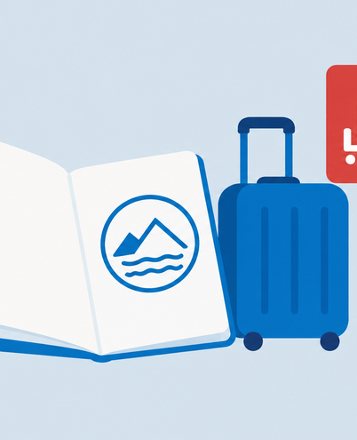 an open passport with a stamp, a small suitcase and a red Norwegian customs sign shaped like a simple pictogram