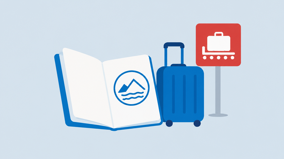 an open passport with a stamp, a small suitcase and a red Norwegian customs sign shaped like a simple pictogram