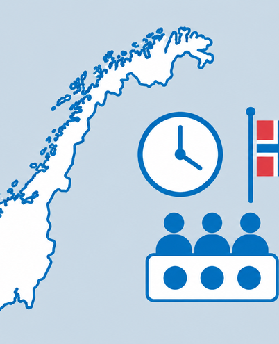 an outline of Norway with a small clock, a flag and a population counter icon