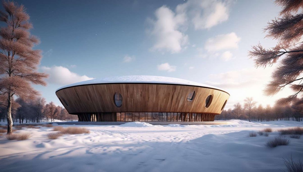 A modern Arctic cultural center with circular timber architecture and a turf roof, shown in clear winter light.