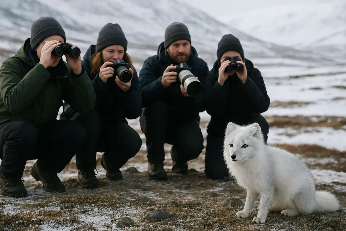 Small group of hikers with guides watching wildlife in tundra using binoculars and tripods