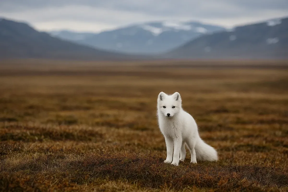 Rare arctic fox standing on mossy tundra with mountains in background