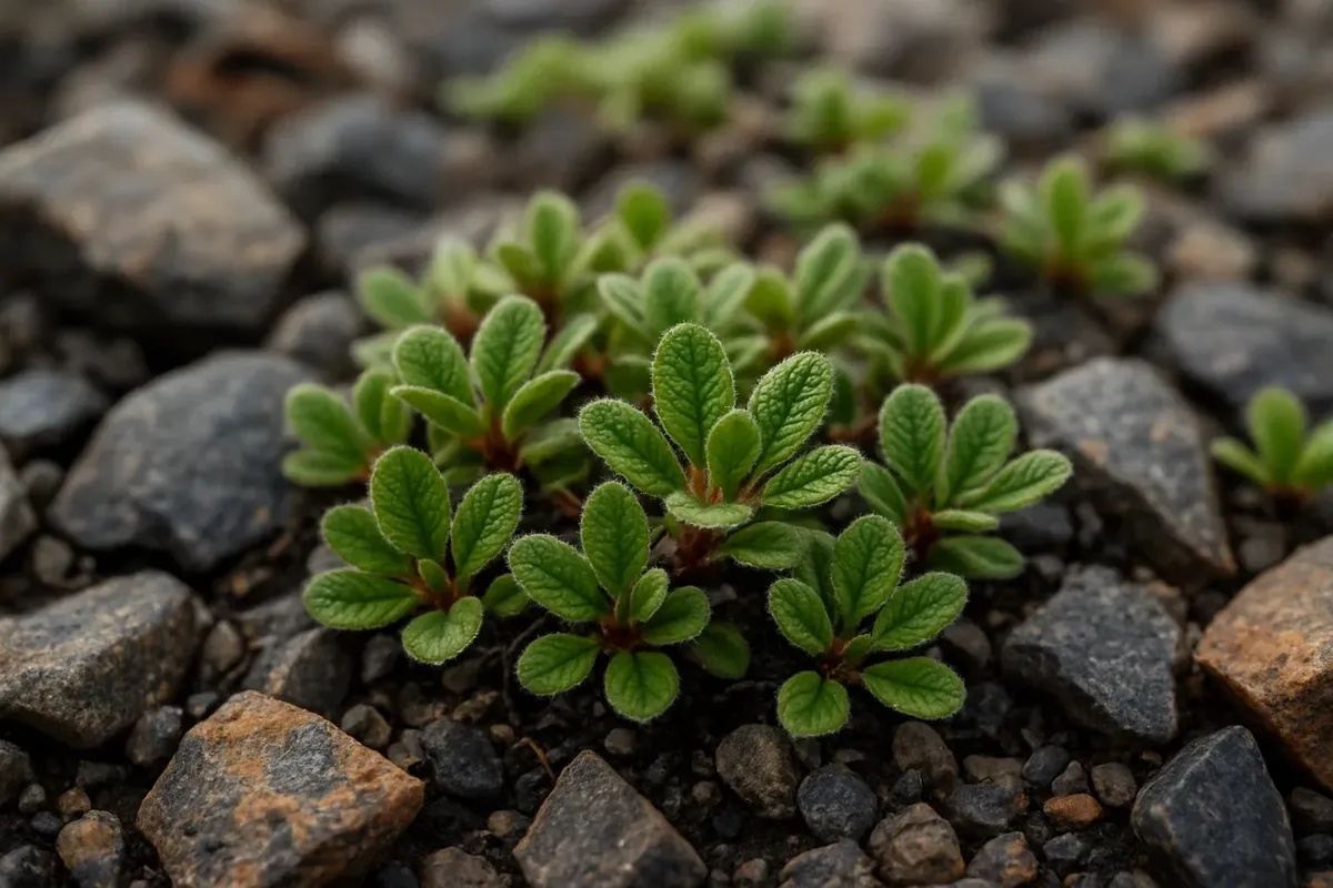 Low-growing Arctic willow plant with small rounded green leaves spreading across rocky terrain in Svalbard, Norway