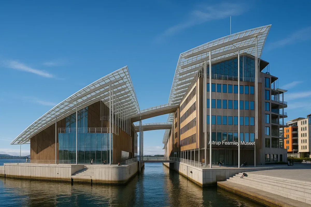 The Astrup Fearnley Museum of Modern Art in Oslo, with its distinctive Renzo Piano design, located in the scenic Tjuvholmen waterfront district.