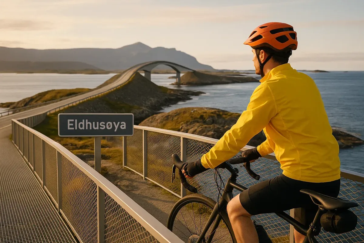 Bicyclist stopping at Eldhusøya viewpoint on Atlantic Road with iconic curved bridge in background
