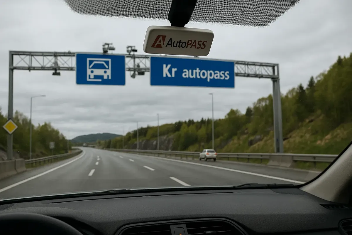 View from inside a car showing an AutoPASS tag on the windshield as the car passes through a Norwegian toll station.