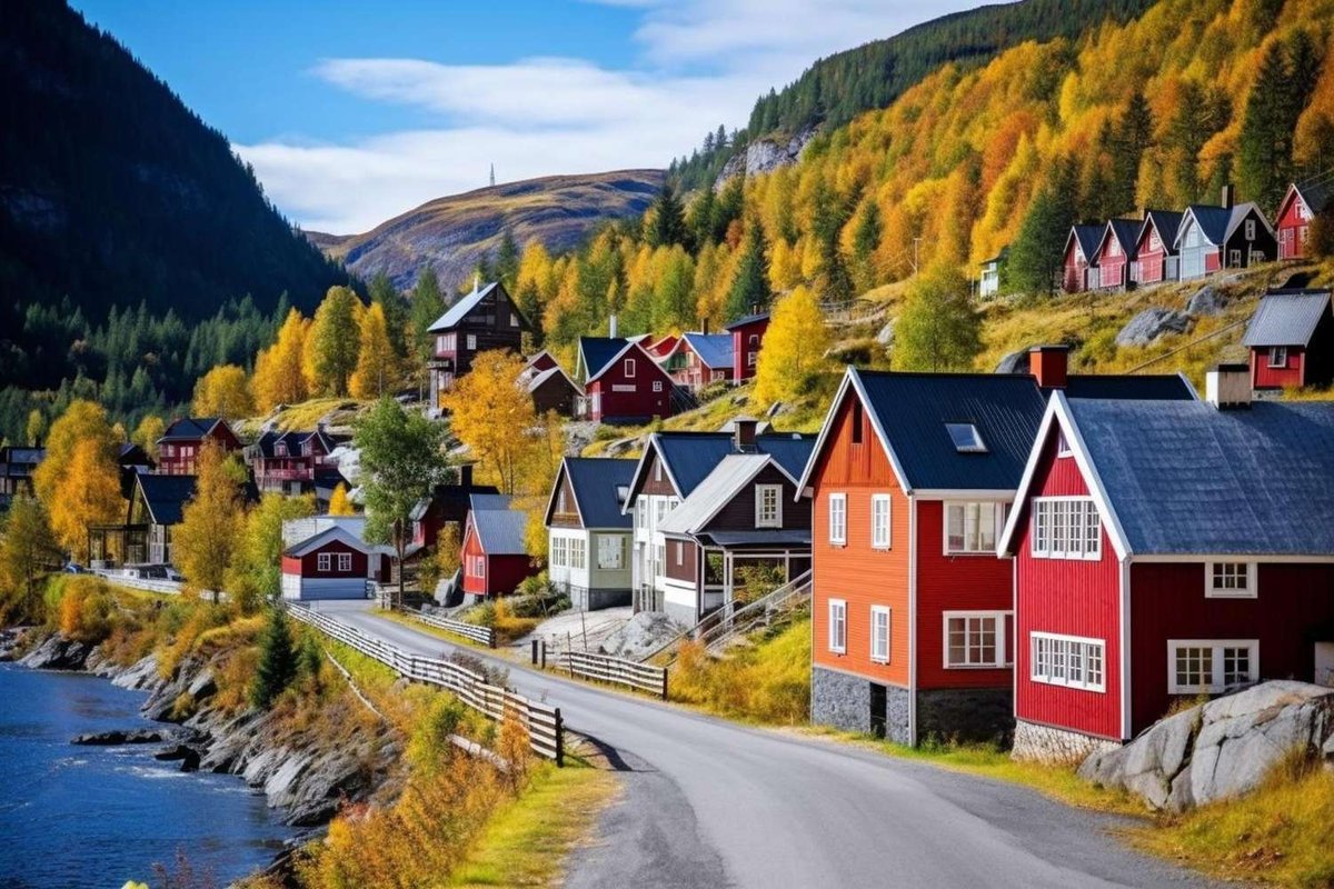 Colorful wooden houses in a Norwegian village surrounded by autumn forests and mountains.