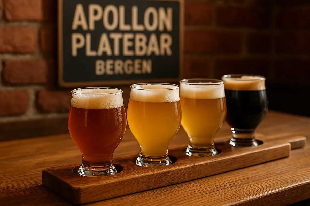 Selection of colorful craft beers served on a wooden tray at Apollon Platebar, with vinyl records and bar counter in the background