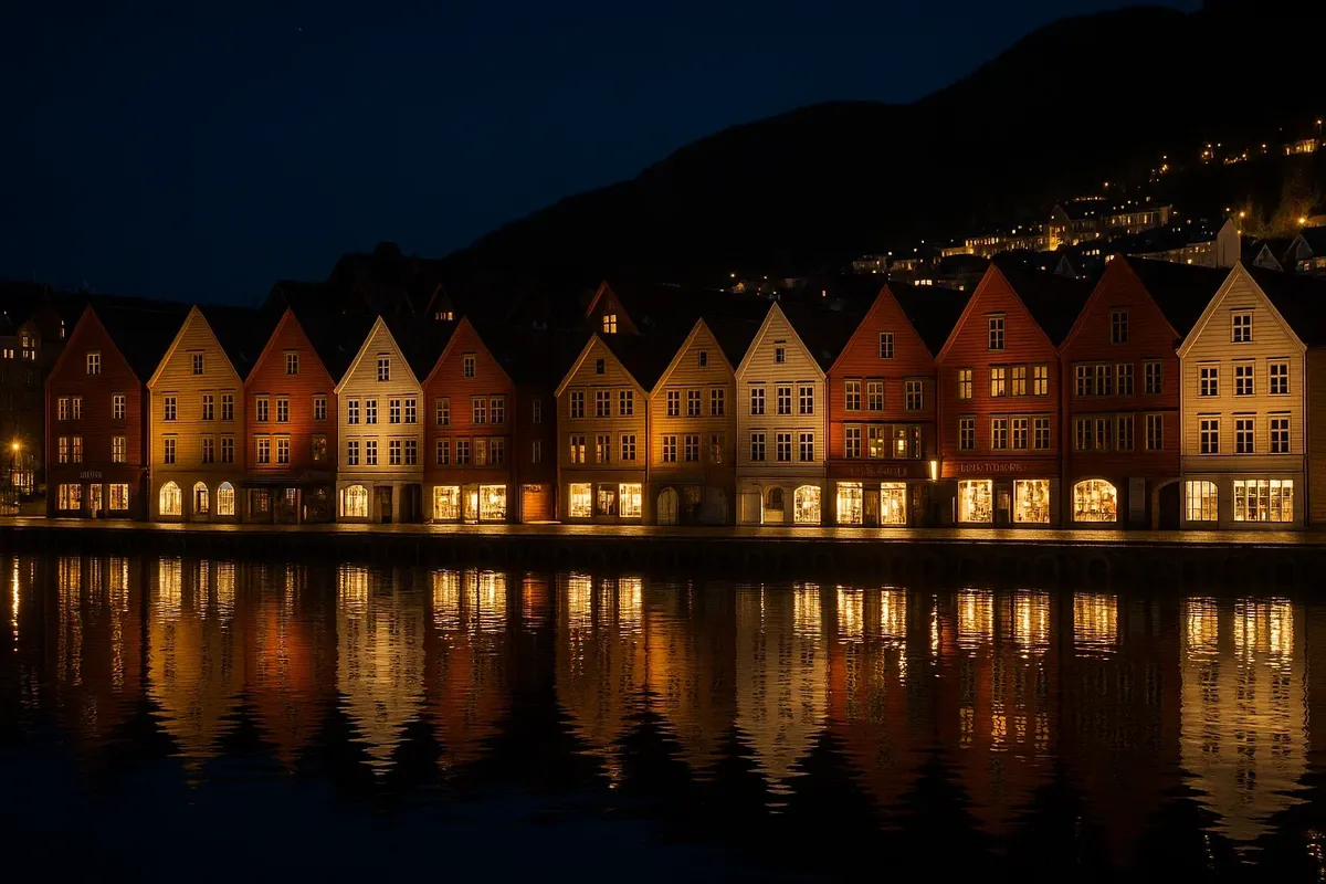 Brightly lit Bryggen waterfront in Bergen at night, calm and safe for evening strolls
