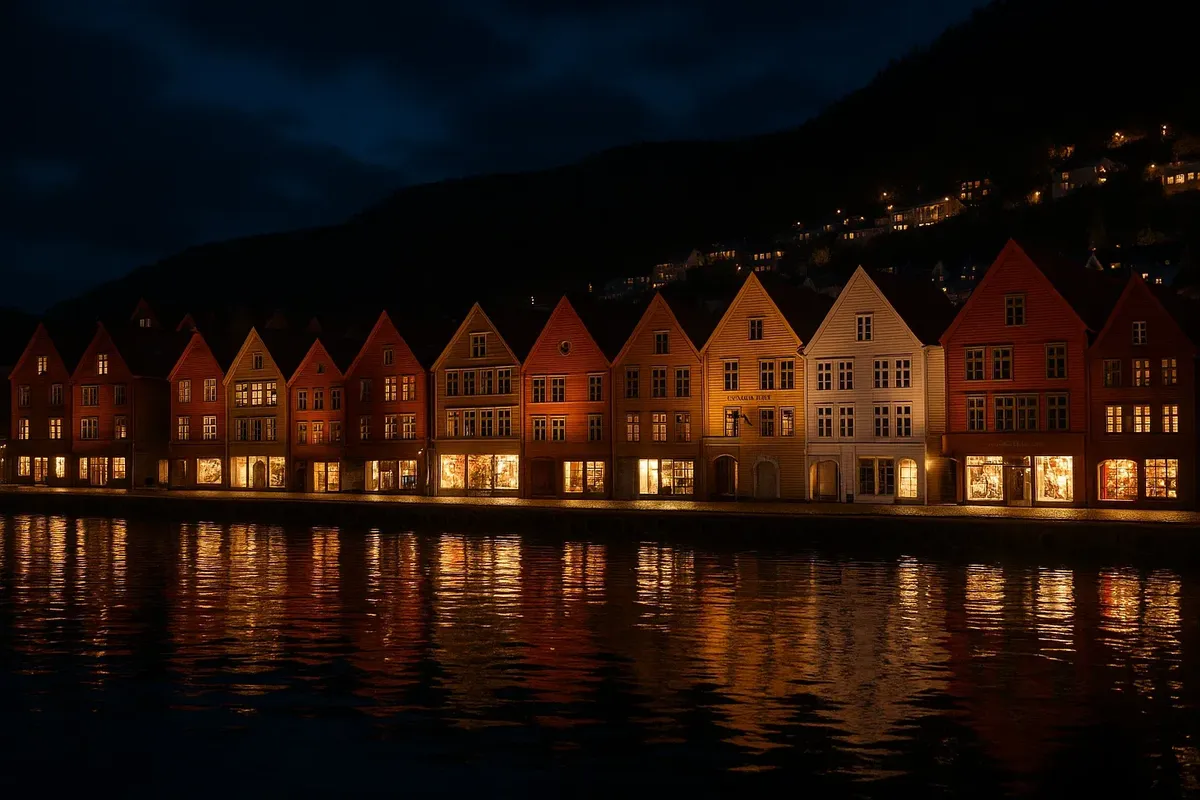 Historic Bryggen district in Bergen at night, wooden houses glowing under warm lights, reflecting in the water