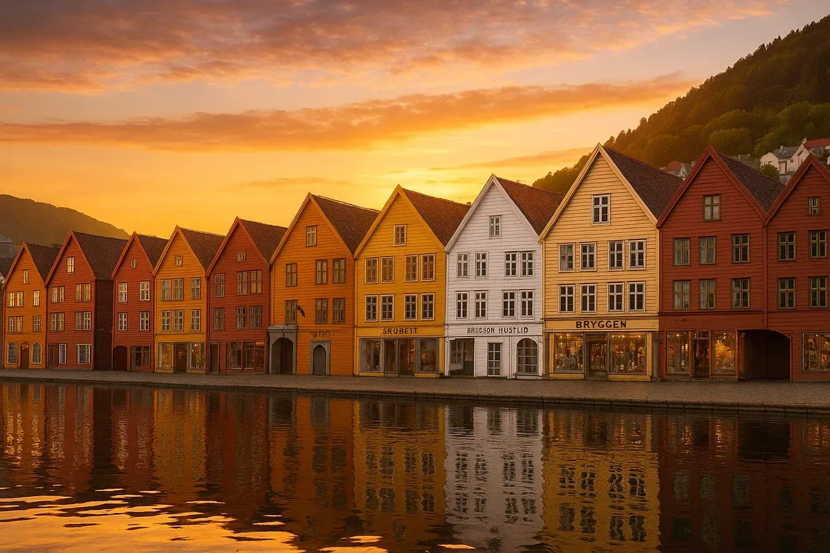 Early morning light illuminating historic Bryggen wooden houses in Bergen with calm harbor reflections