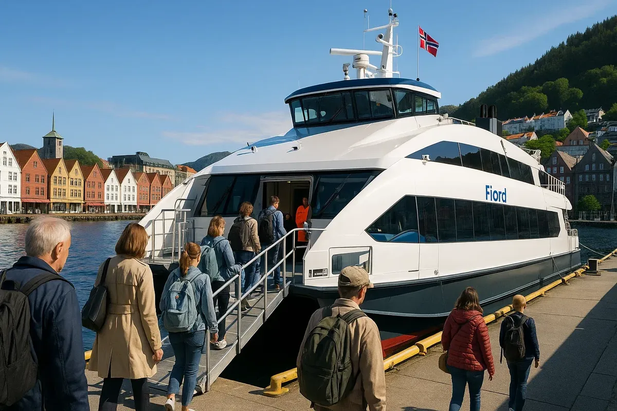 Boarding a fjord catamaran in Bergen for short nature trips
