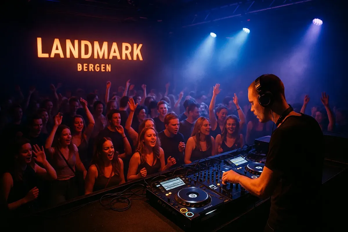 Night scene inside Landmark in Bergen with modern lighting, DJ set, and dancing crowd