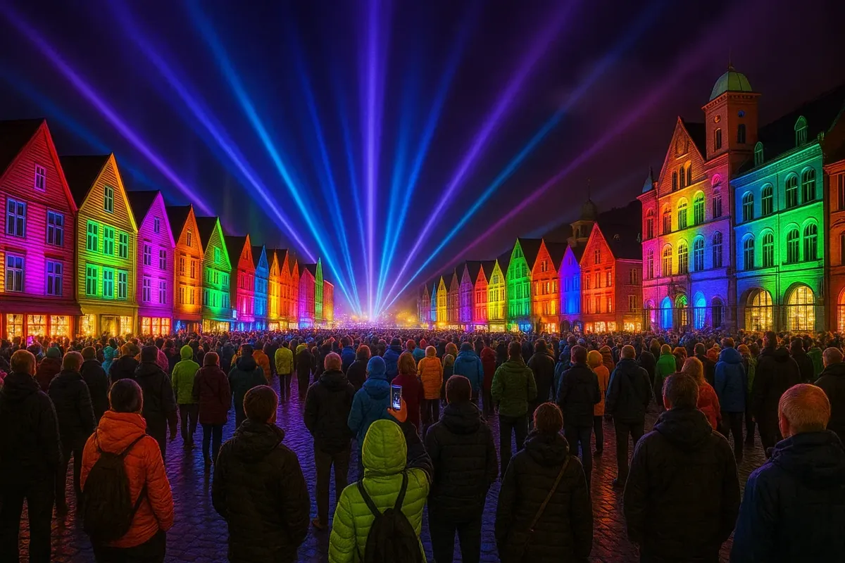 Bergen city square during Lysfesten light festival, with colorful lights projected on buildings and people enjoying the event