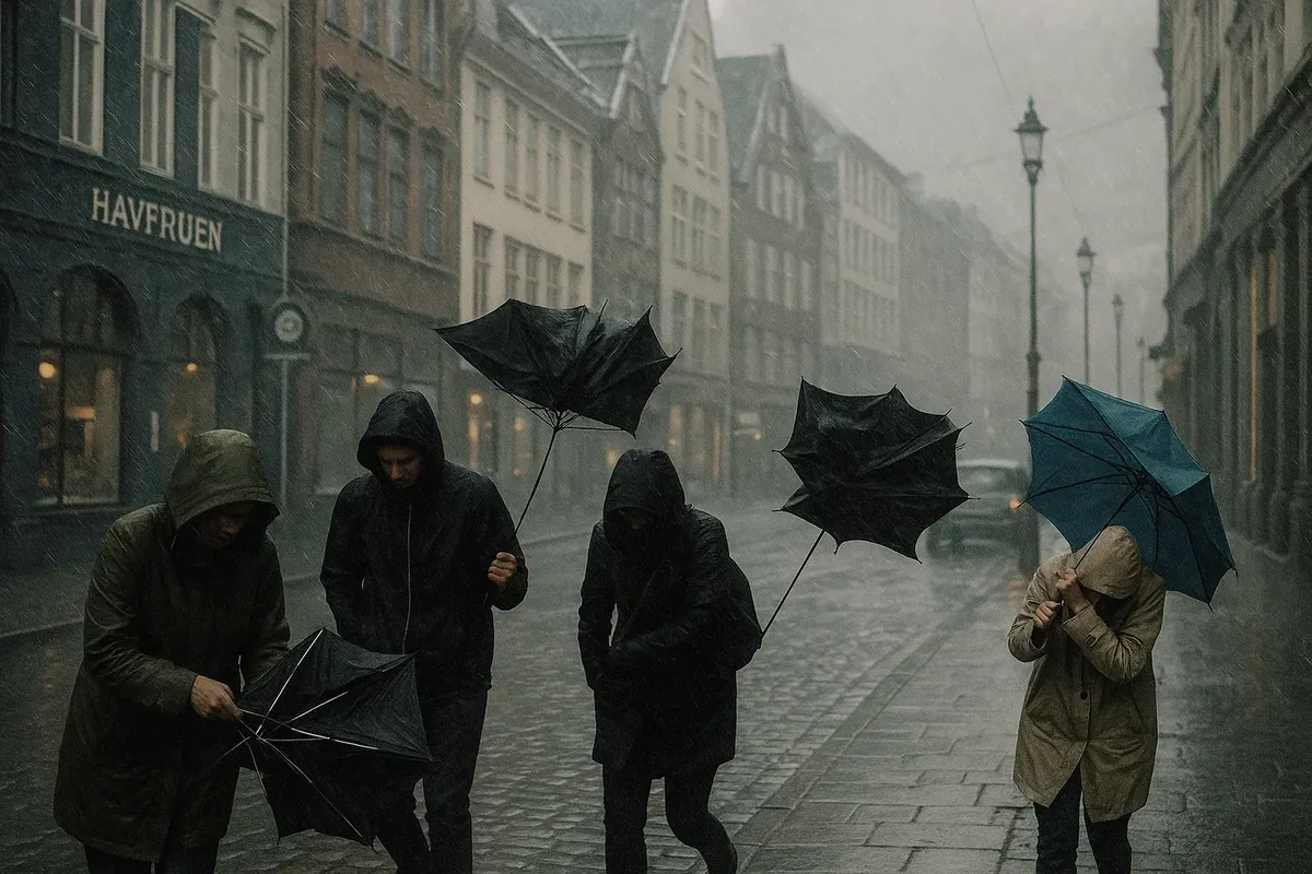 Rainy day in Bergen, Norway, with people struggling to use umbrellas in strong wind