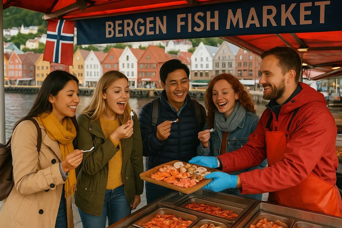 Tourists enjoying seafood tasting at Bergen fish market