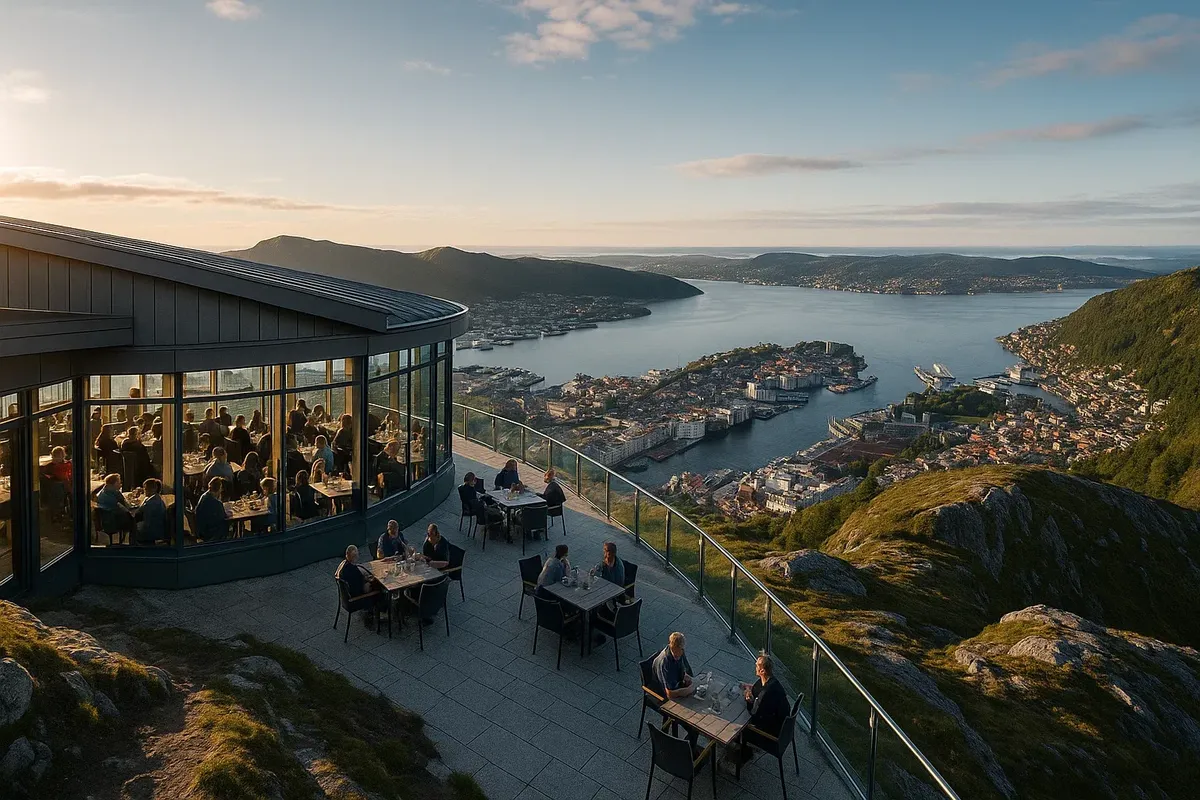Scenic view from Sky:Skraperen restaurant on Mount Ulriken with Bergen city and fjord in background