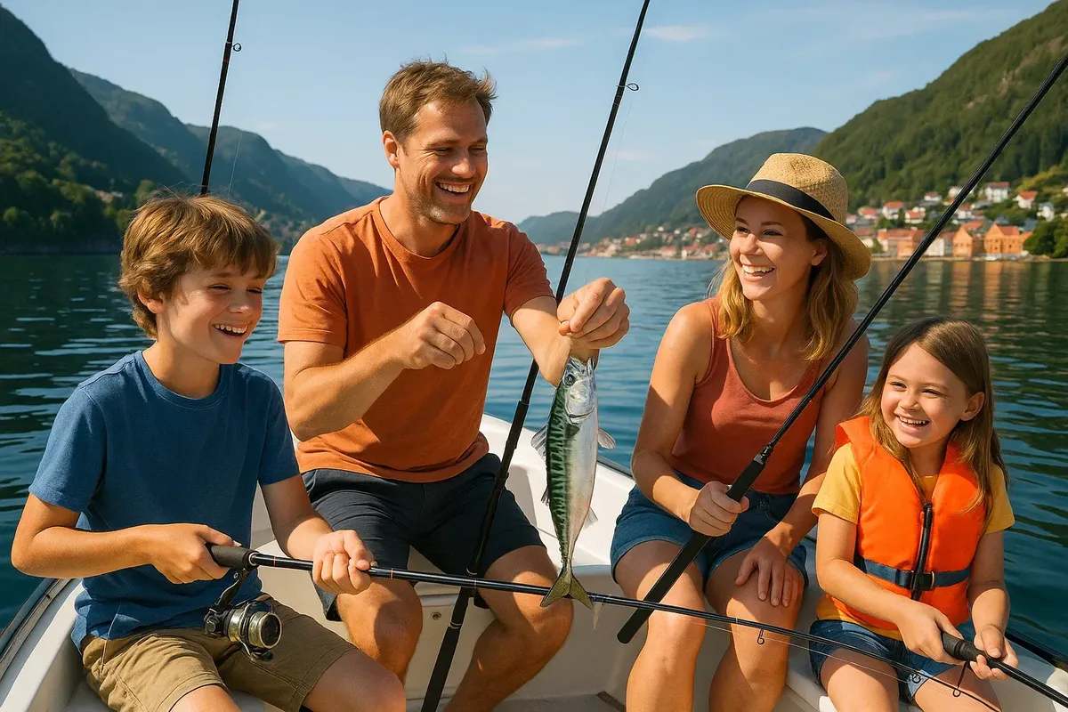 Summer mackerel fishing in Bergen fjord with family on small boat