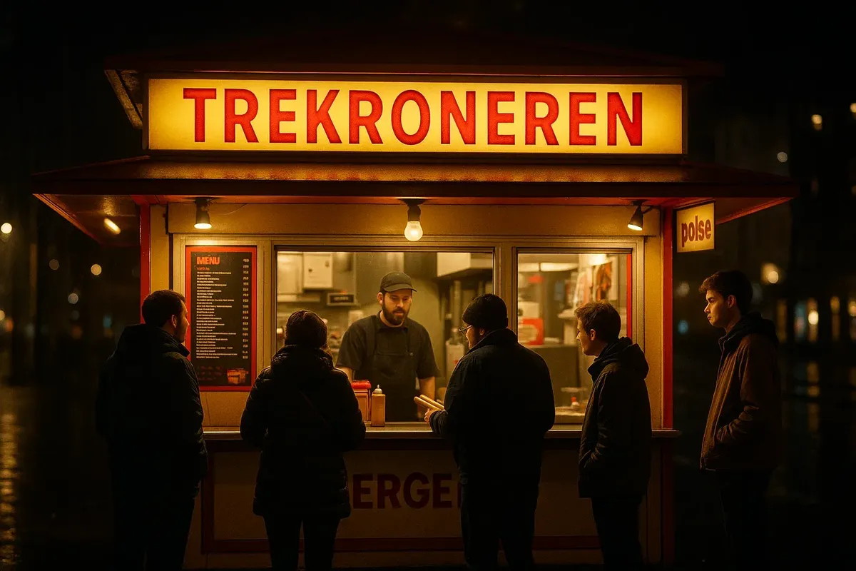 Famous Trekroneren stand in Bergen serving a variety of hot dogs at night, illuminated and bustling with people