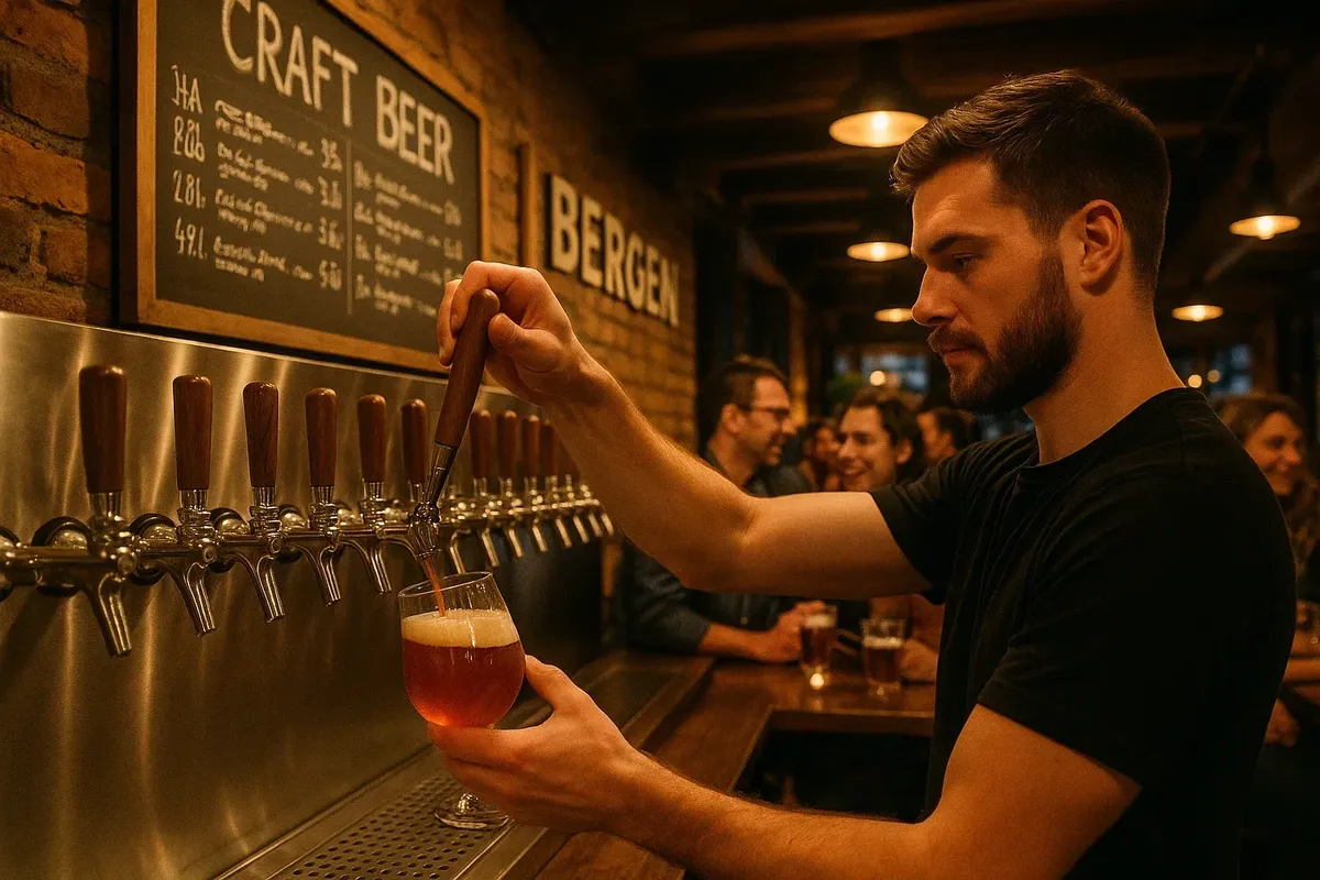 A bartender serving craft beer at a cozy Bergen bar while people chat and enjoy drinks.