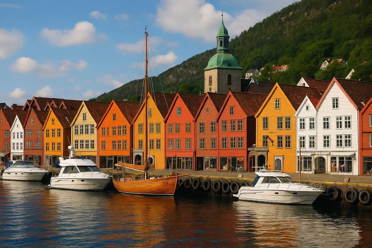 Colorful historic wooden houses along Bergenâs Bryggen waterfront with boats in the harbor.